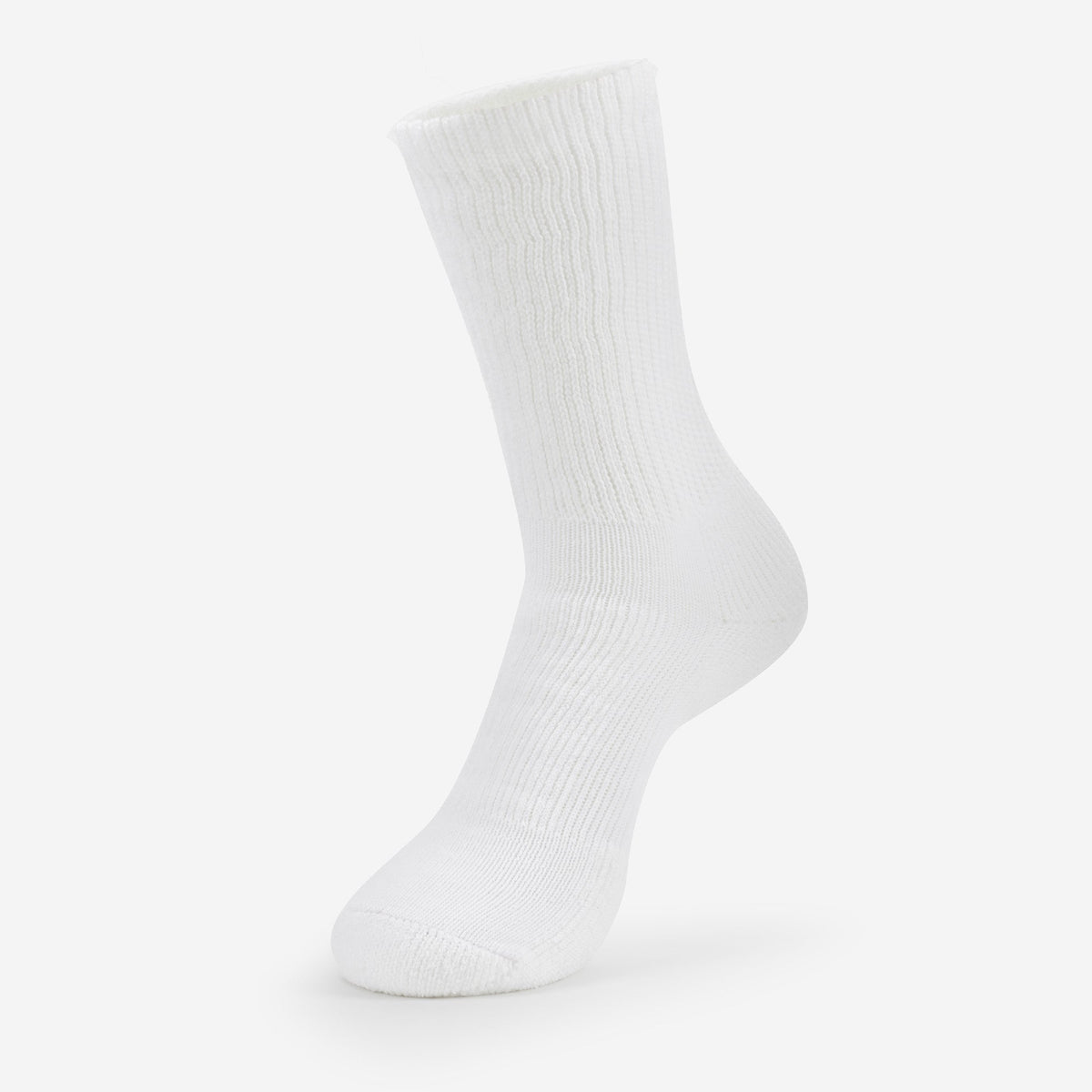 Thorlos Walking Moderate Cushion Crew Sock in white shown on foot form