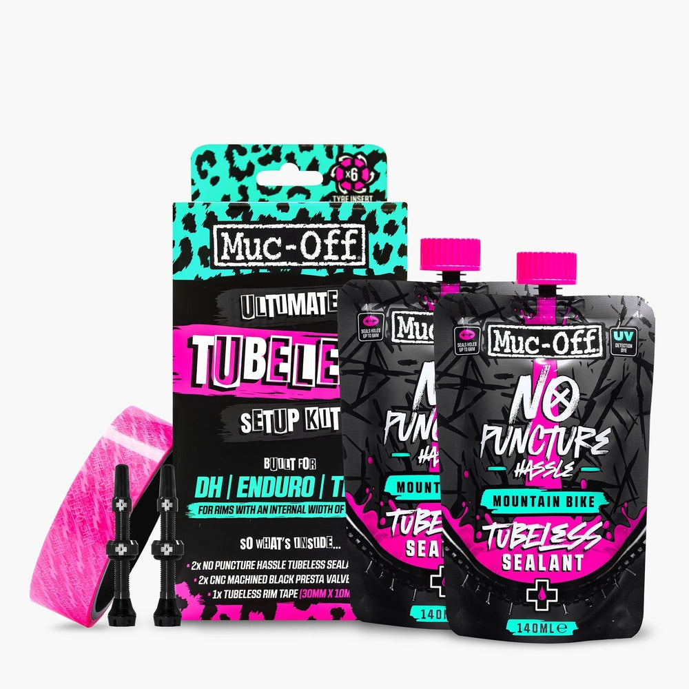 Muc-Off Ultimate Tubeless Setup Kit with sealant pouches, rim tape, and valves