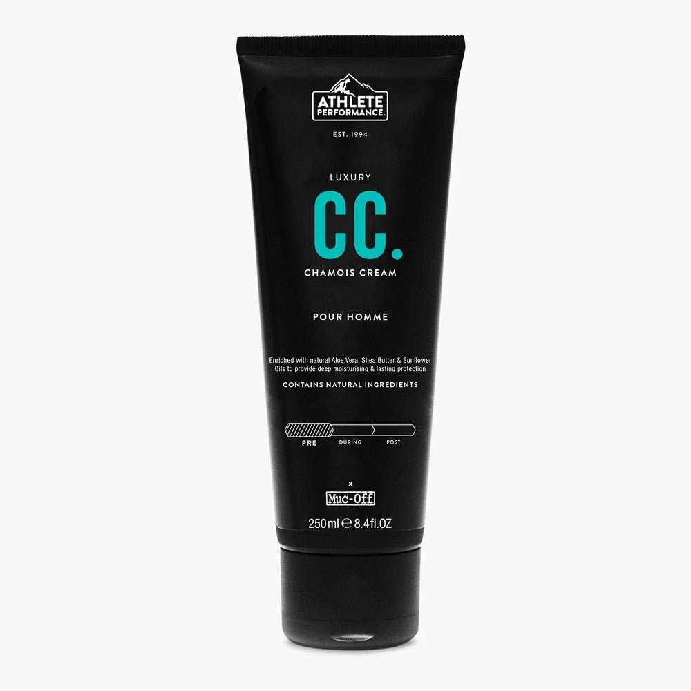 Muc-Off Athlete Performance Luxury Chamois Cream 250ml black tube with turquoise branding