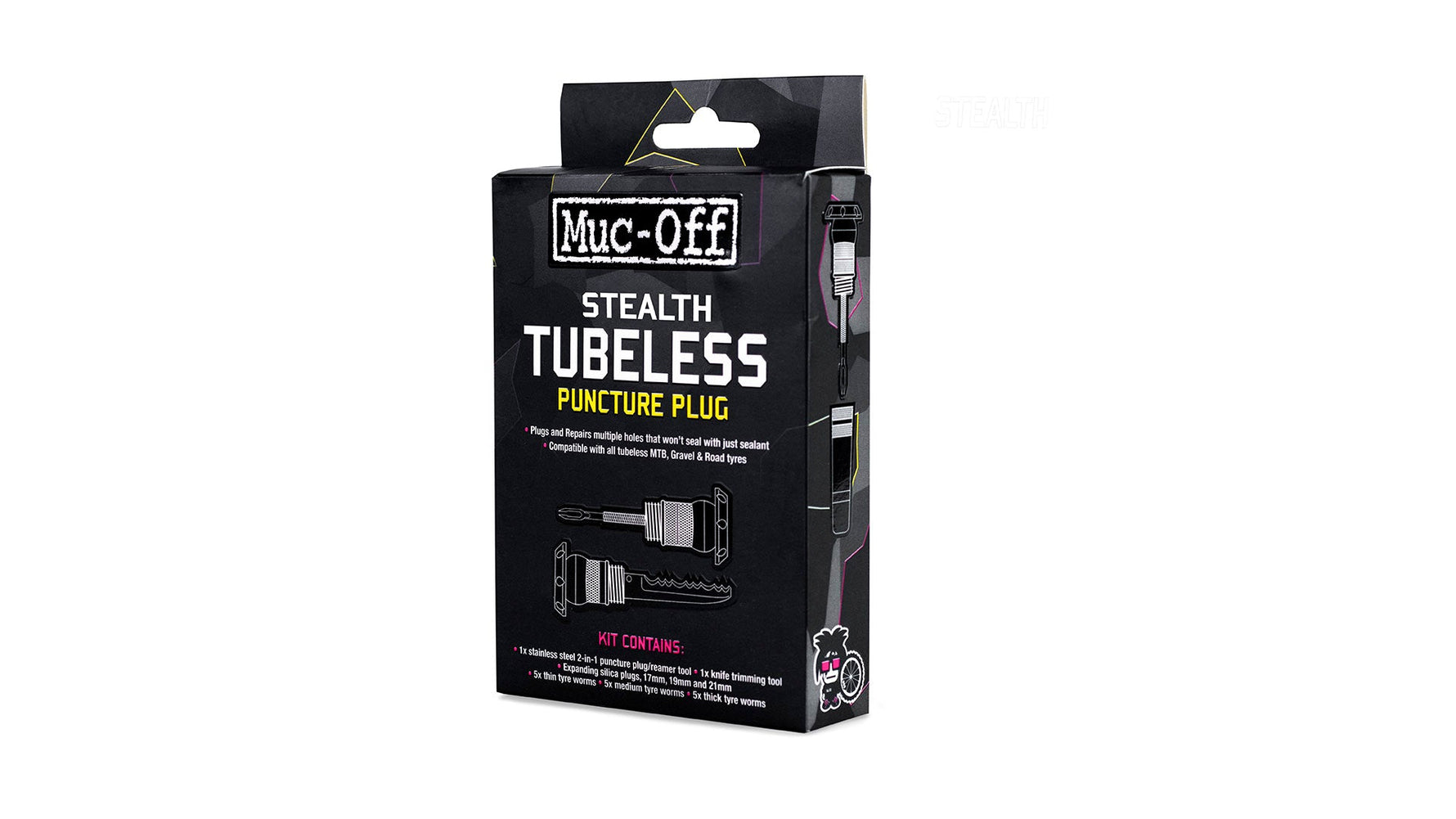 Muc-Off Stealth Tubeless Puncture Plug kit in black packaging on white background
