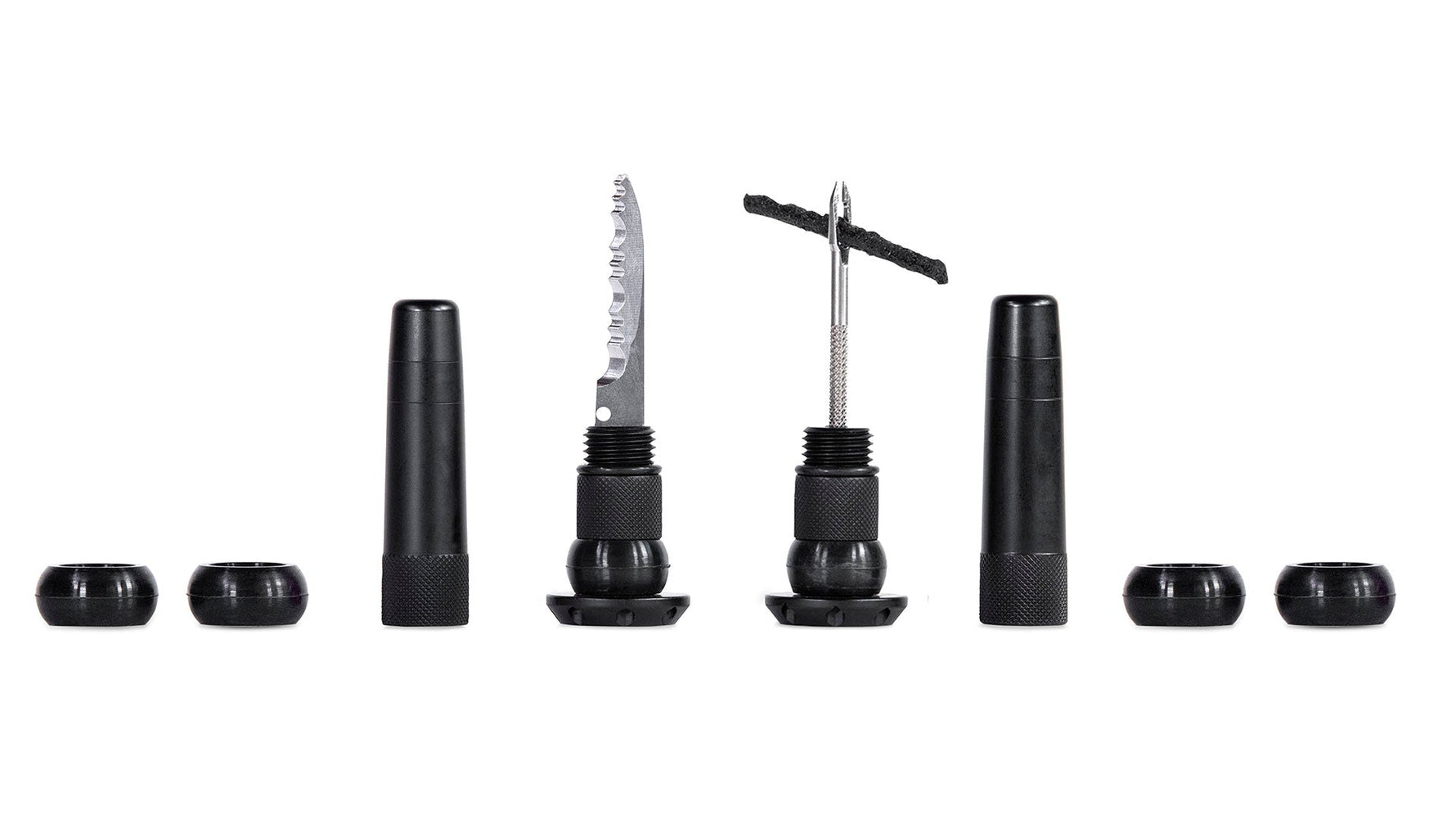 Muc-Off Stealth Tubeless Puncture Plugs kit with black components and tools displayed