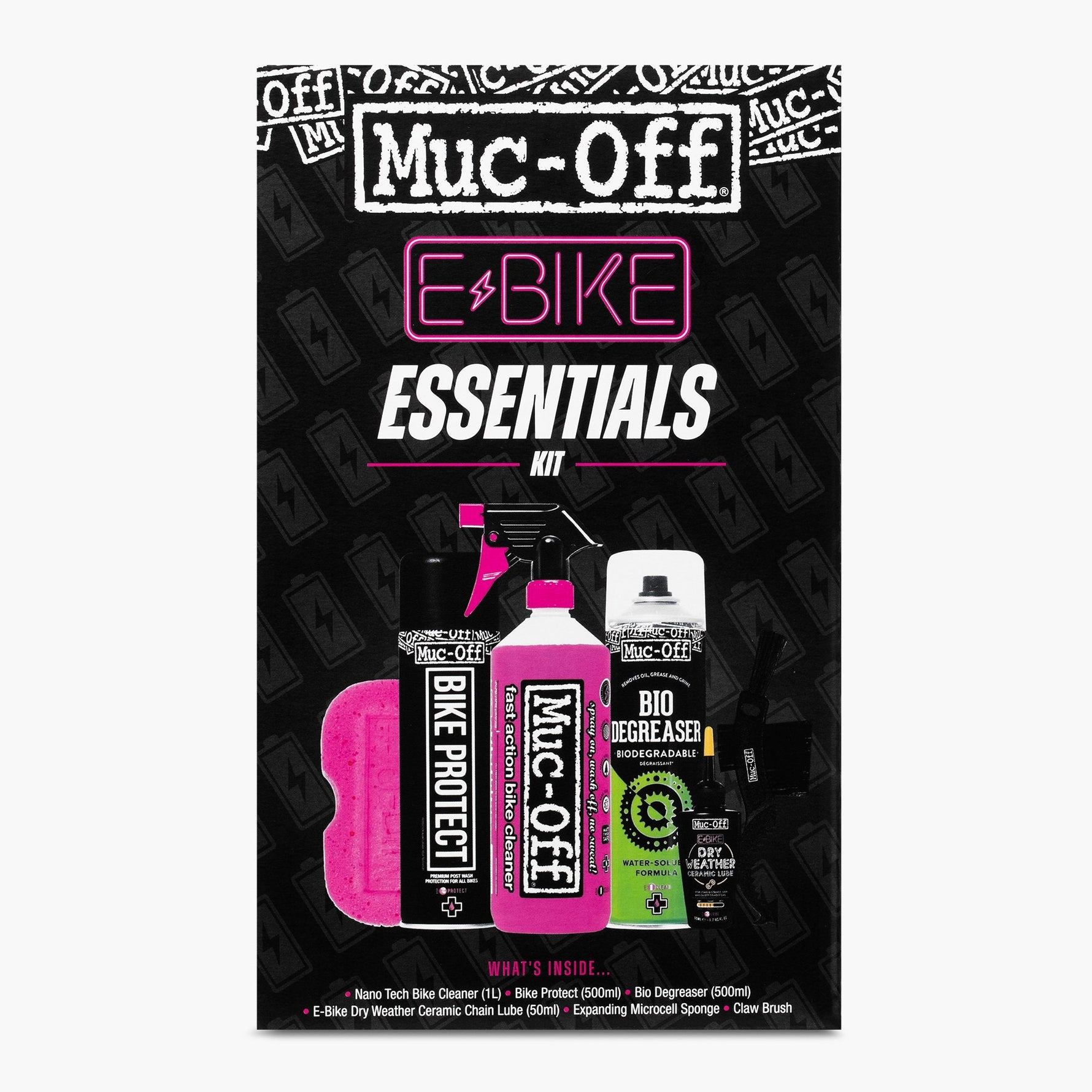 Muc-Off E-Bike Essentials Kit with cleaning products and accessories on black background