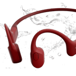 Red bone conduction headphones with water splash background showing waterproof design