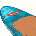 Retrospec inflatable stand up paddle board nose view showing teal design and bungee cords