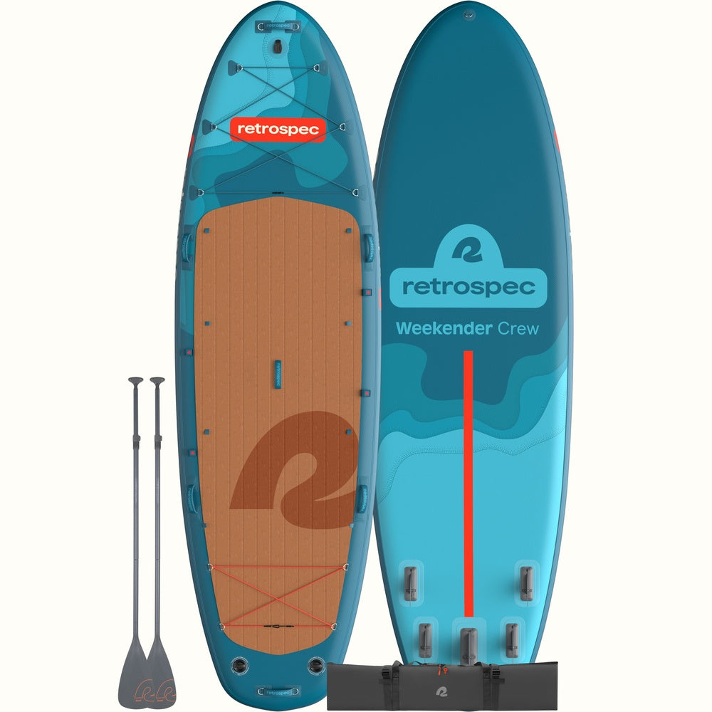 Retrospec Weekender Crew 12-foot inflatable SUP board shown front and back with two paddles and carry bag