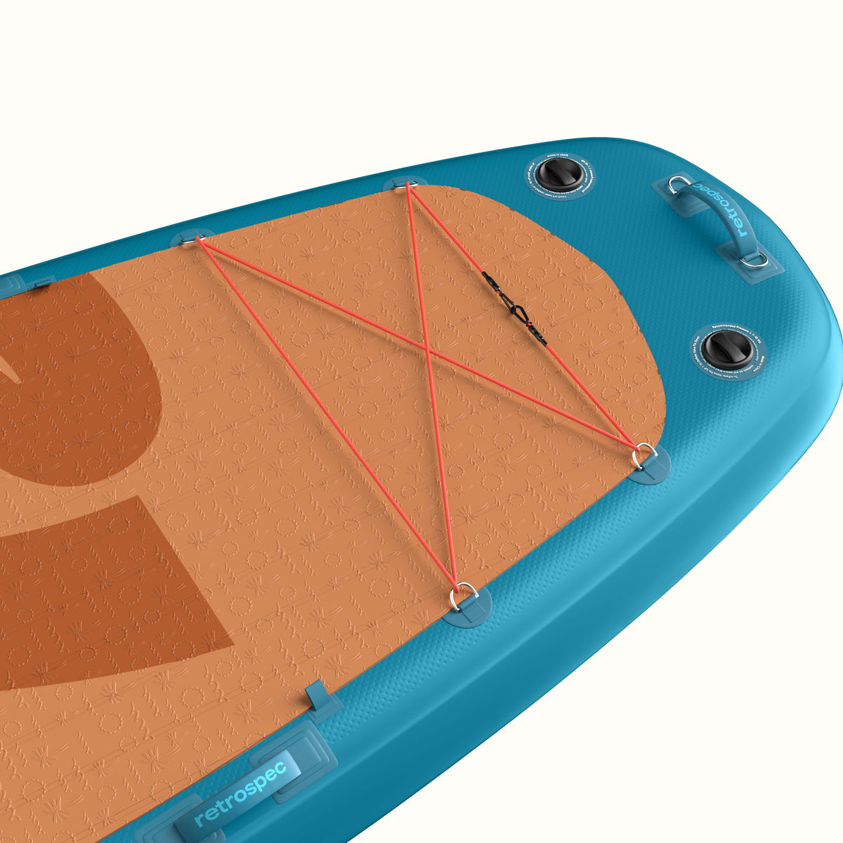 Retrospec inflatable stand up paddle board in teal with orange deck pad and red bungee cords