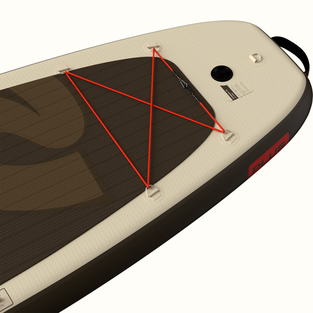 Retrospec Weekender Plus inflatable SUP kayak hybrid nose view showing red bungee cargo system
