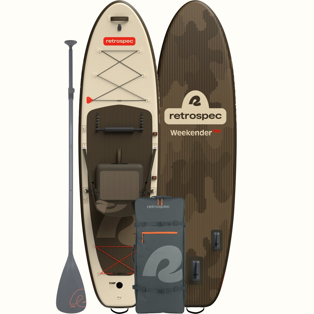 Retrospec Weekender Plus inflatable SUP kayak hybrid board shown front, back, with paddle and carry bag