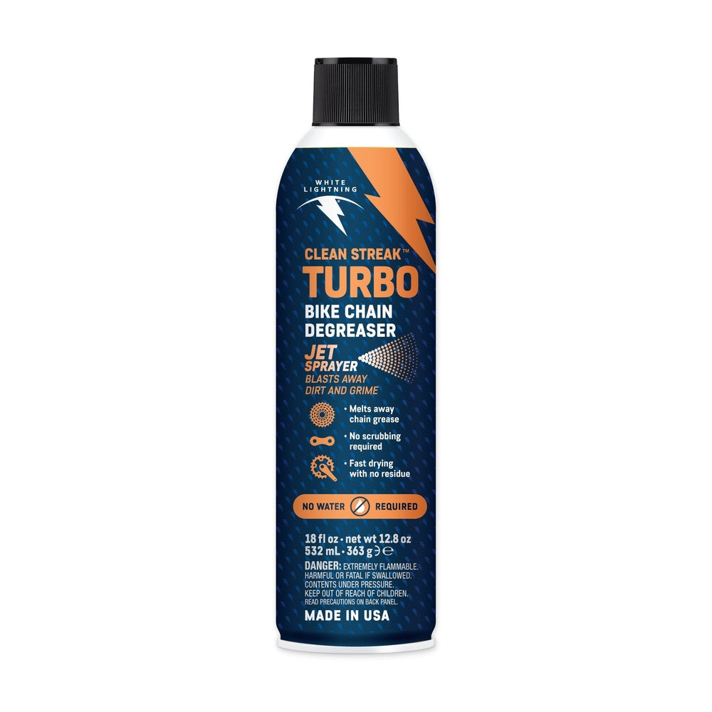 White Lightning Clean Streak Turbo Bike Chain Degreaser spray bottle 18oz blue orange label