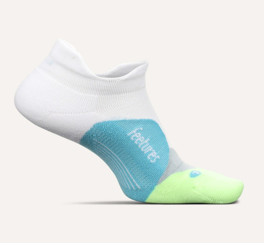 Feetures Elite Light Cushion Tab running sock in white with teal and lime accents