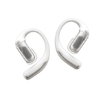 Shokz OpenFit Pro white wireless earbuds with ear hooks on clean background