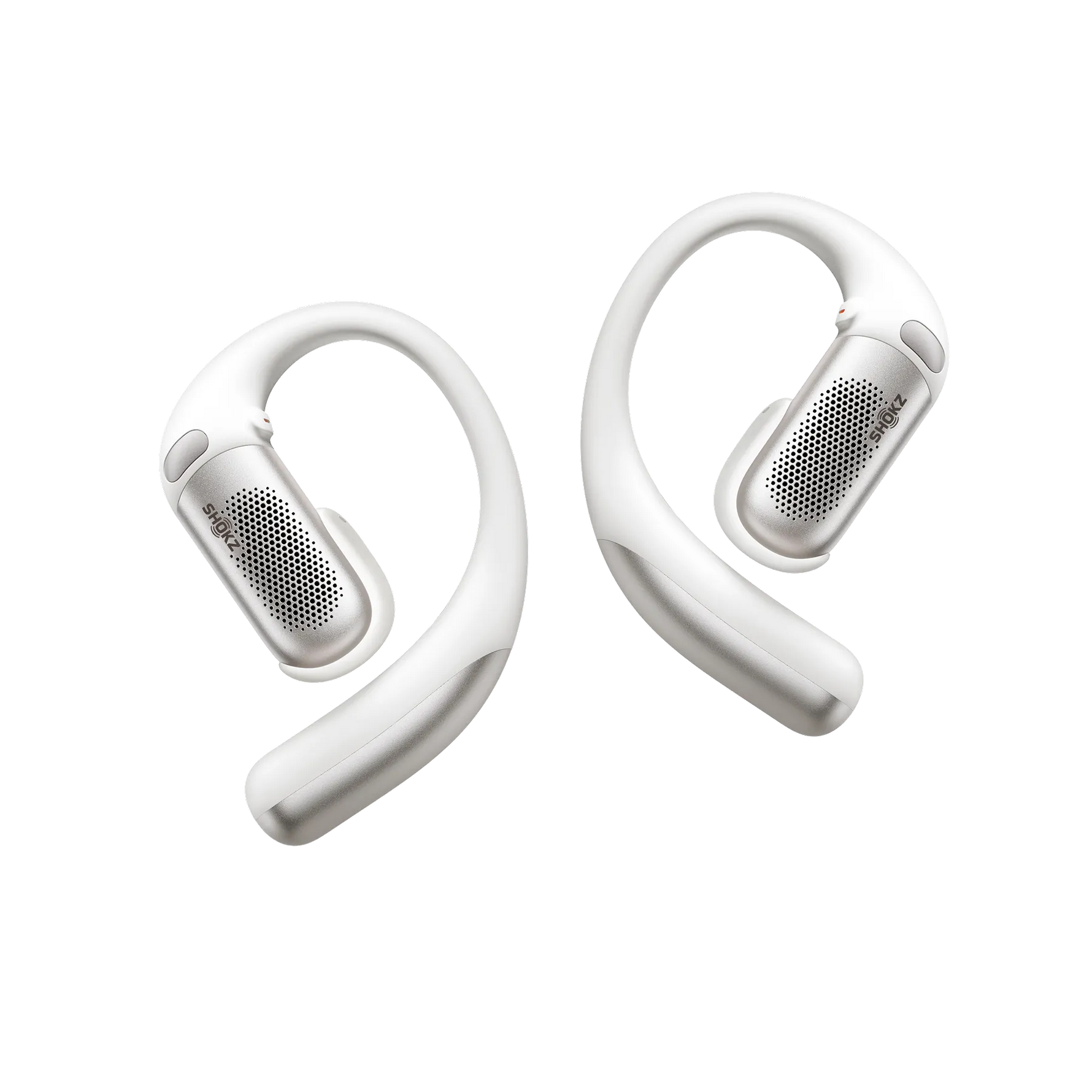 Shokz OpenFit Pro white wireless earbuds with ear hooks on clean background