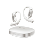 White Shokz OpenFit Pro wireless earbuds with charging case on clean background