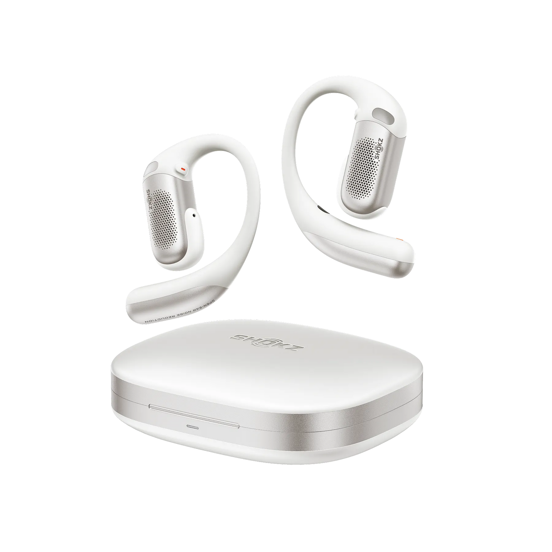 White Shokz OpenFit Pro wireless earbuds with charging case on clean background