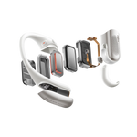 Exploded view of white Shokz OpenFit Pro earbuds showing internal components