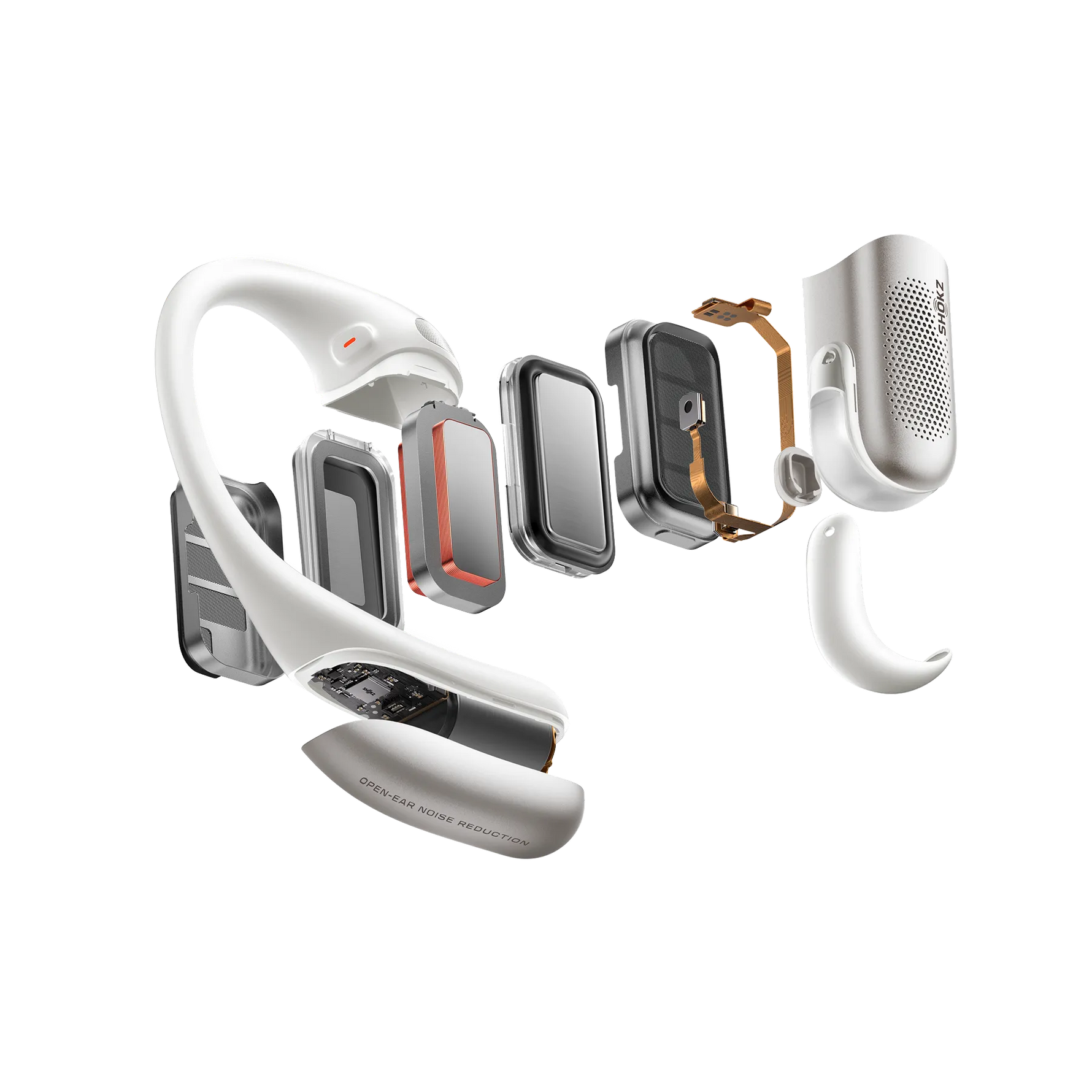 Exploded view of white Shokz OpenFit Pro earbuds showing internal components