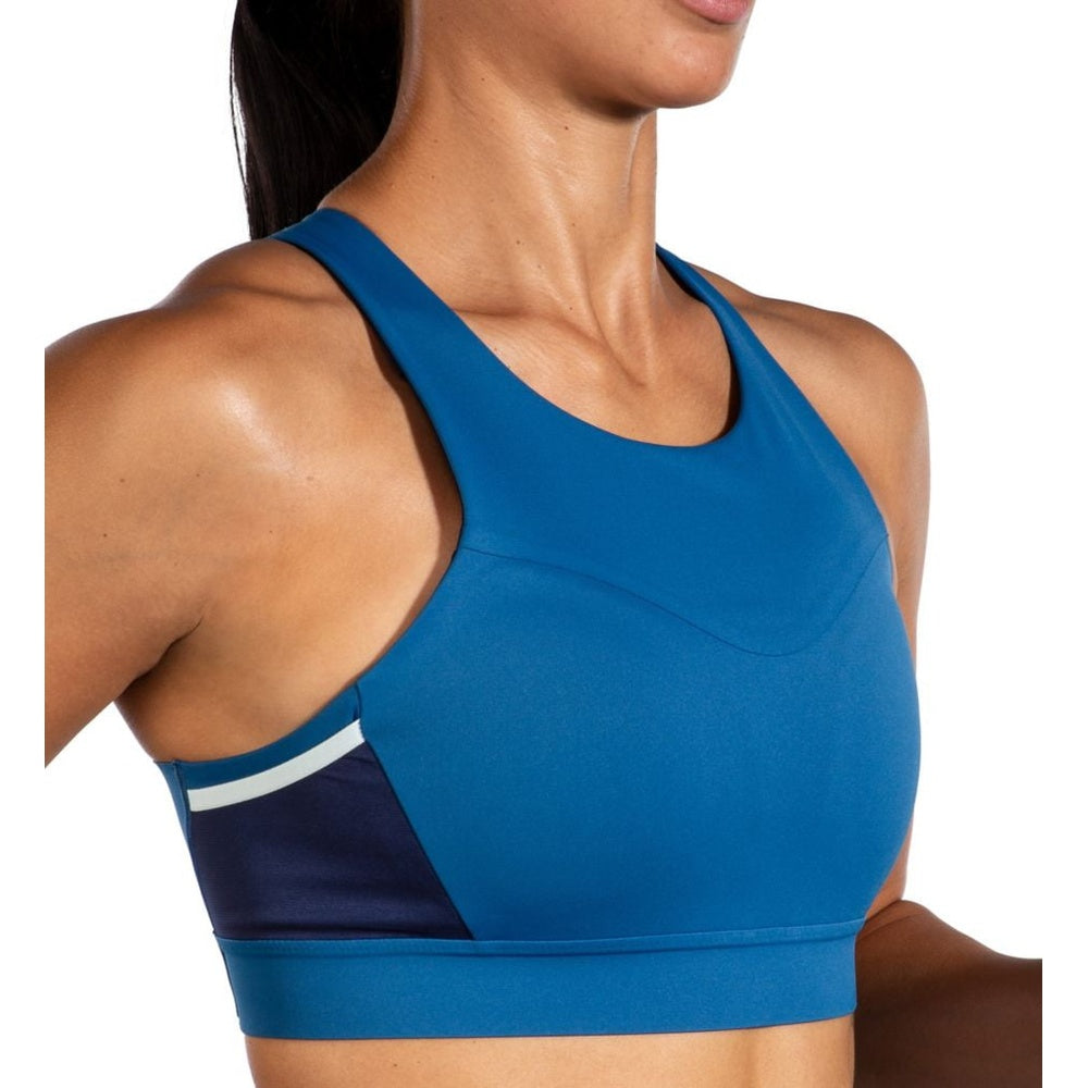 Brooks Fastforward Free sports bra in blue with navy and white color blocking