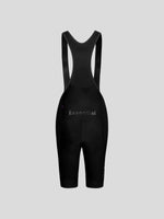 Black cycling bib shorts with shoulder straps and Essential branding