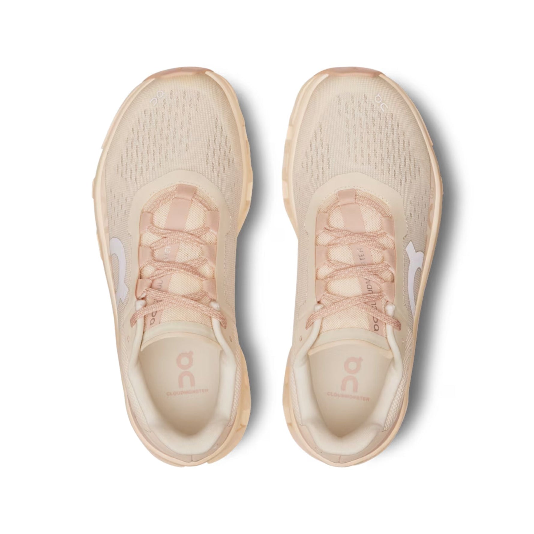 On Cloudmonster 2 women's running shoes in Moon/Fawn colorway, top view