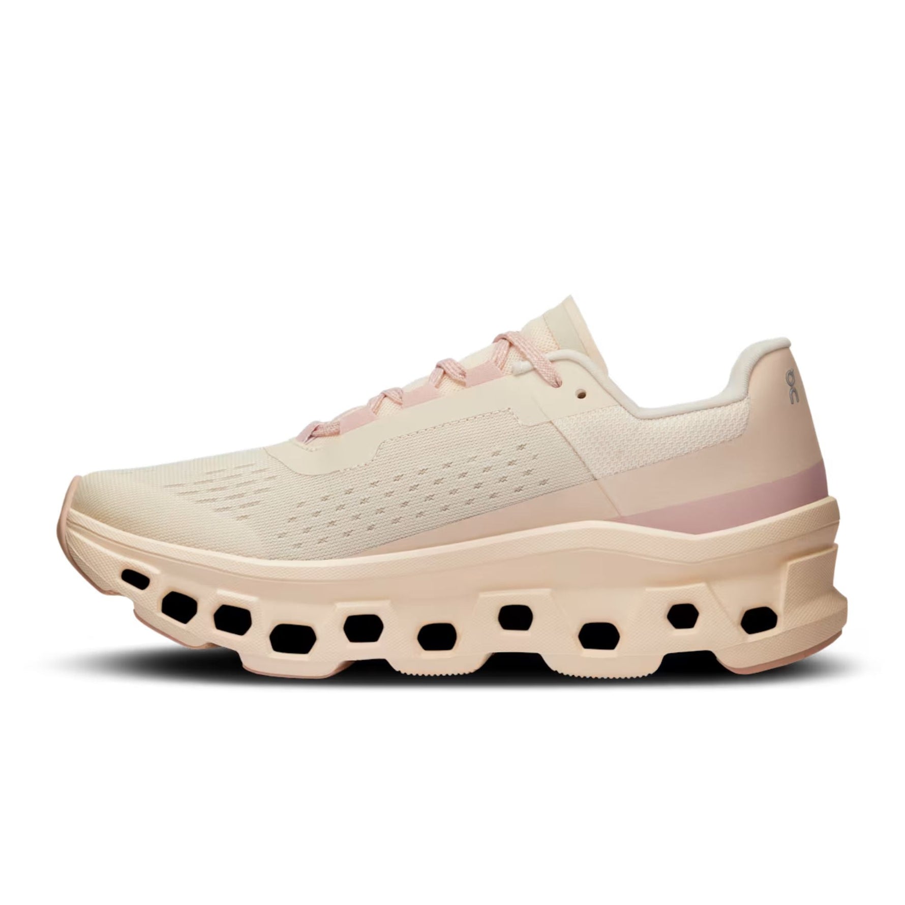 On Cloudmonster 2 women's running shoe in moon/fawn colorway with distinctive sole pods