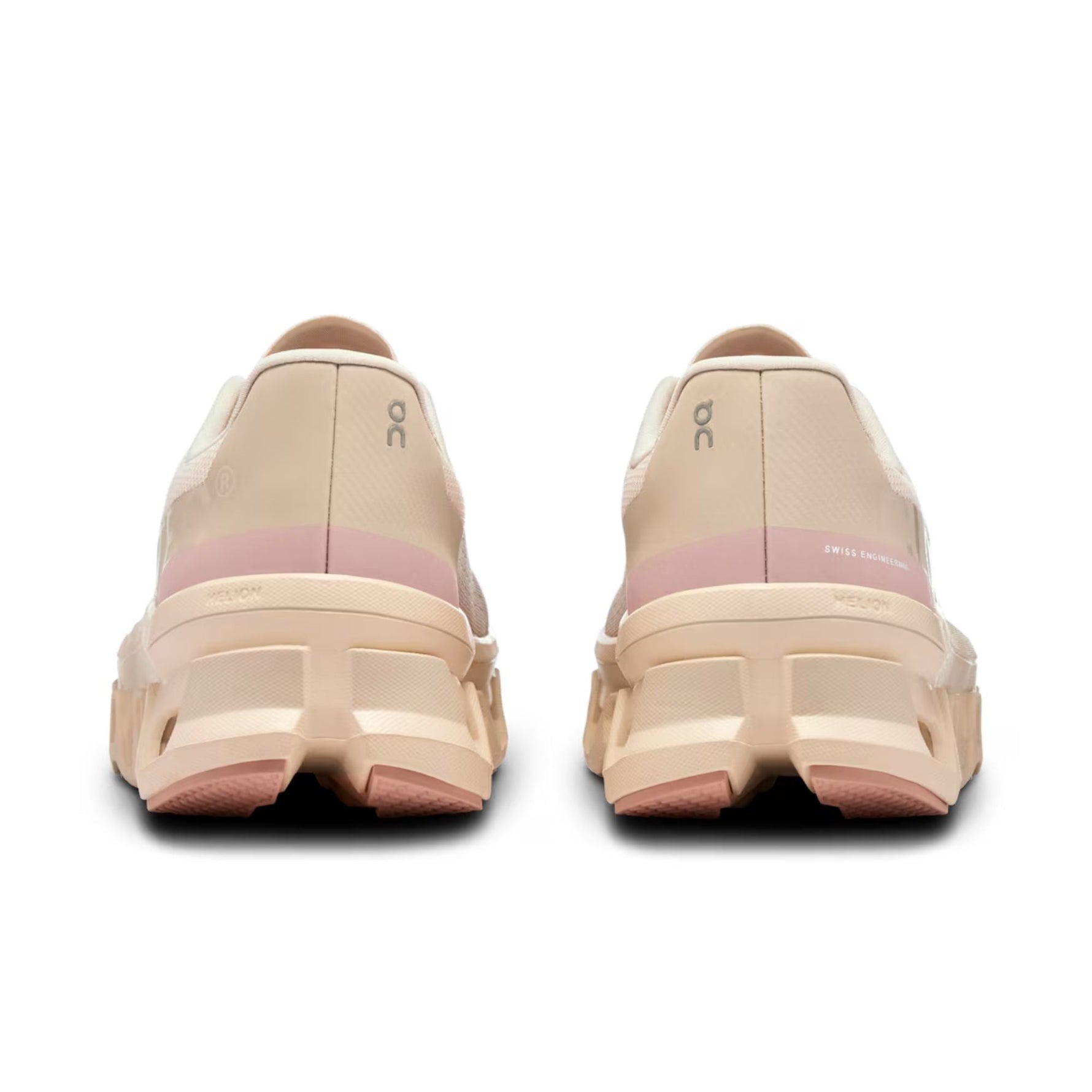 On Cloudmonster 2 women's running shoes in Moon/Fawn colorway, rear view