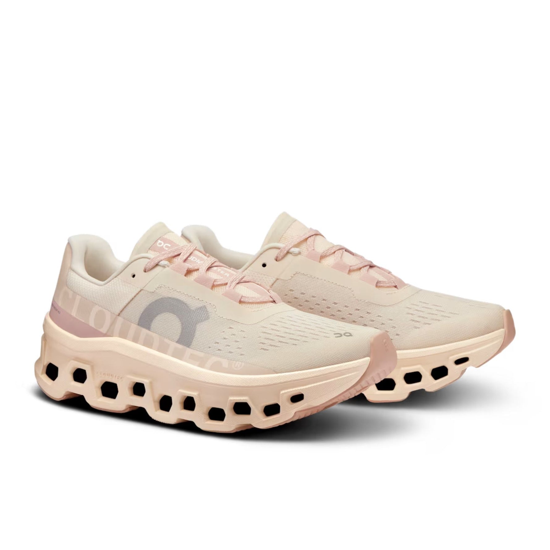 On Cloudmonster 2 women's running shoes in Moon/Fawn colorway with distinctive cloud sole