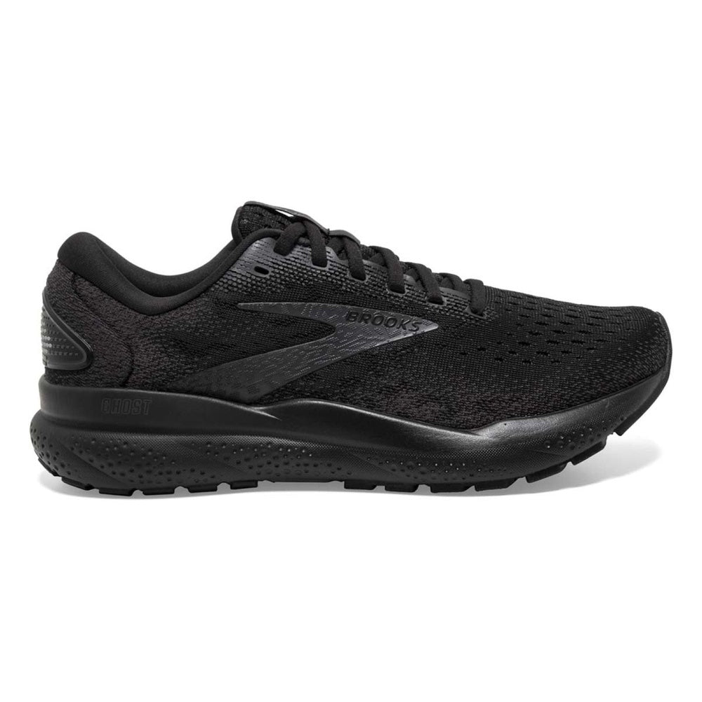 Brooks Ghost 16 women's running shoe in all black colorway with mesh upper