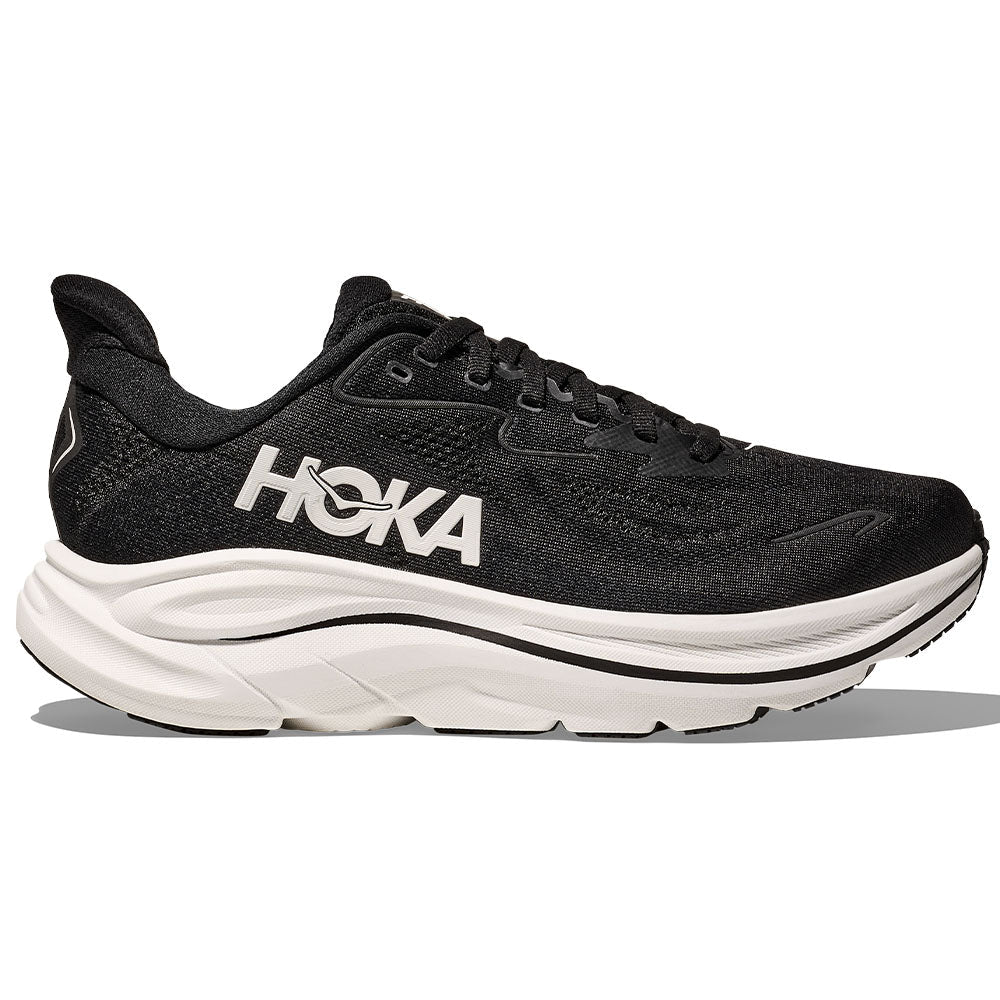 Hoka Clifton 10 women's running shoe in black and white colorway, lateral view