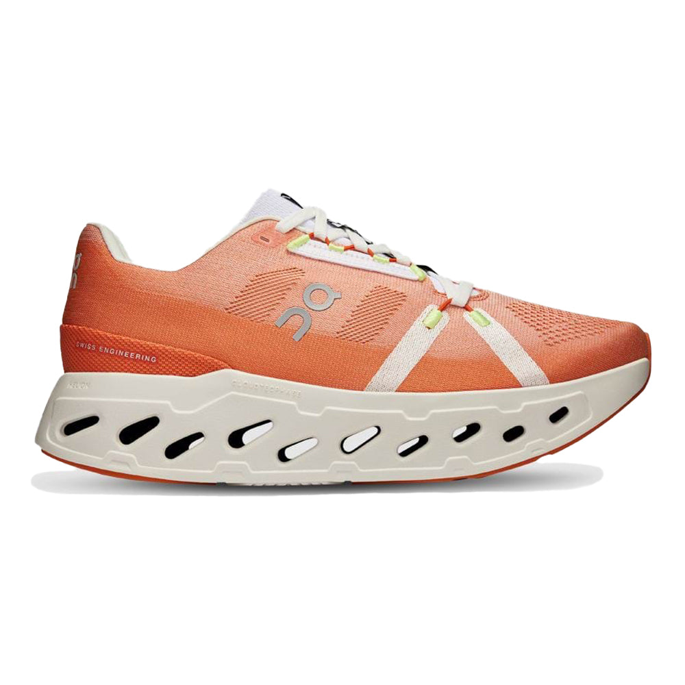 On Cloudeclipse women's running shoe in coral flame color with white sole