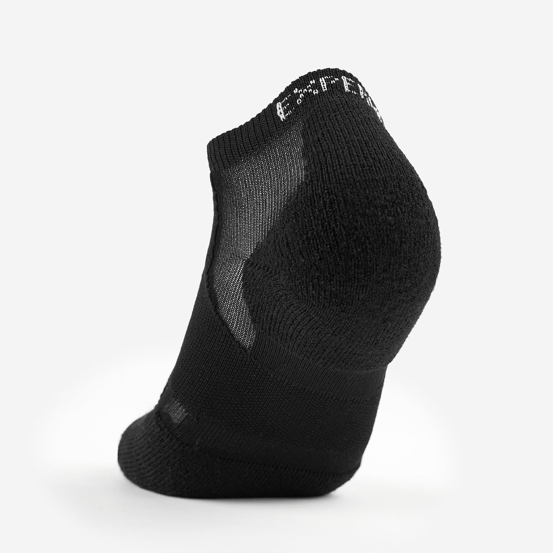 Black Experia low cut athletic sock with ventilation mesh panels on clean white background