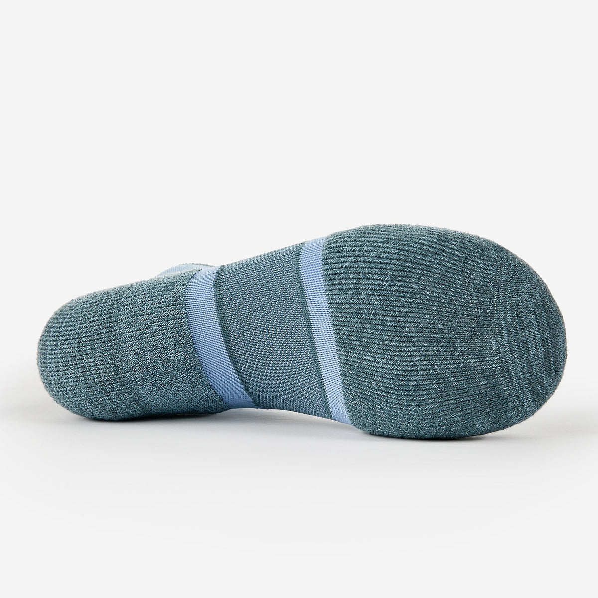 Bottom sole view of Thorlos Experia Energy sock in teal blue with stripe detail