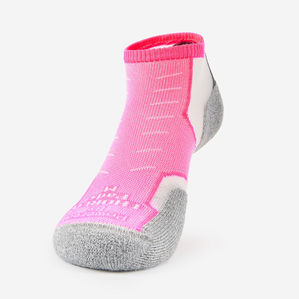 Thorlos Experia Energy low-cut ankle sock in neon pink with gray cushioned toe and heel