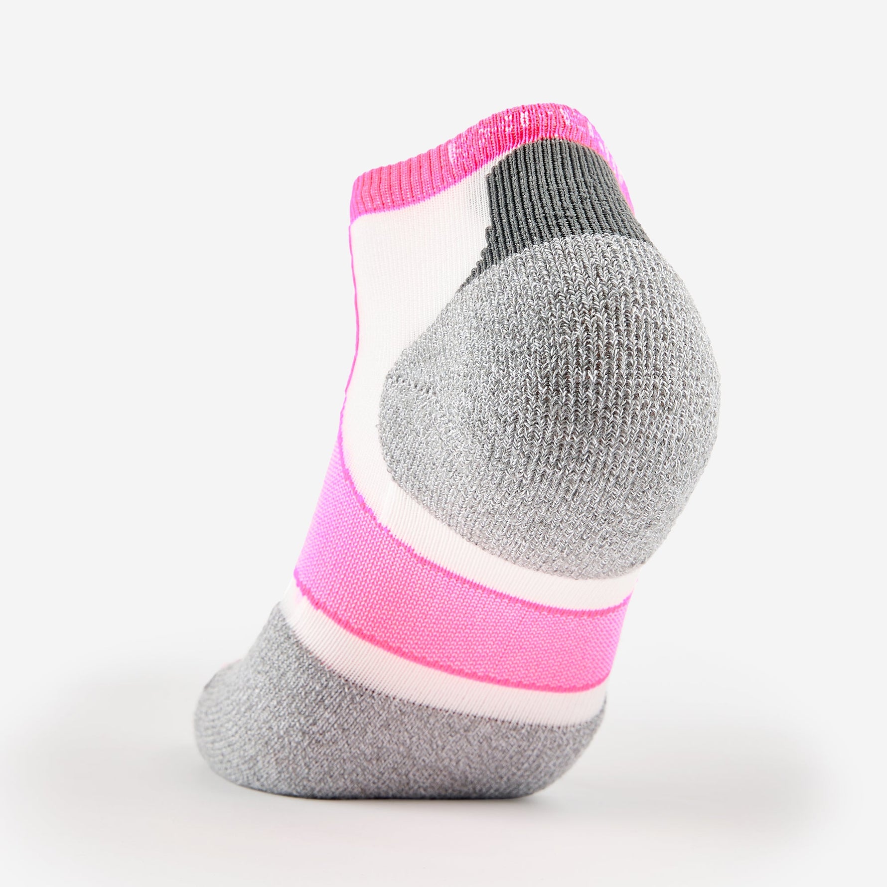 Experia Light Cushion Low-Cut Sock in berry pink with gray cushioned heel and striped arch