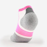 Thorlos Experia Energy low-cut ankle sock in pink, white, and gray with cushioned heel
