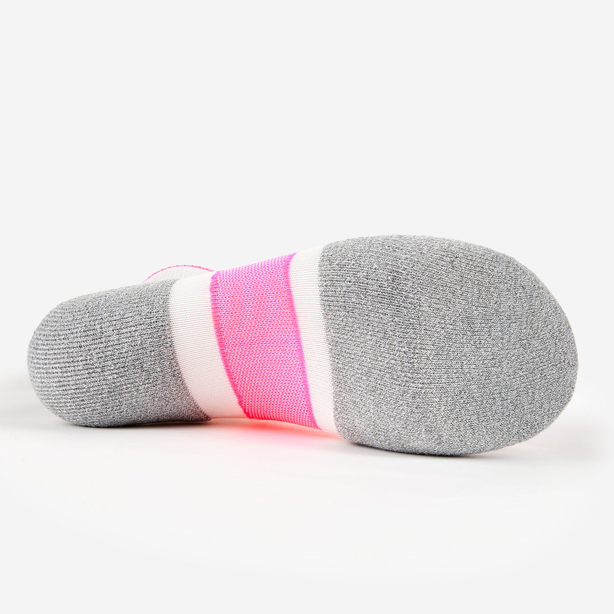 Bottom sole view of Thorlos Experia Energy Sock in gray with pink and white stripes