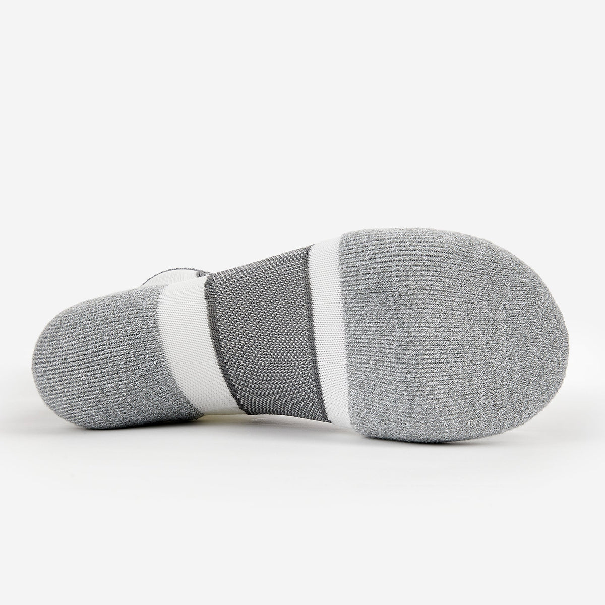 Bottom sole view of Thorlos Experia Energy sock in heathered gray with white stripes