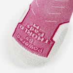Thorlos Experia Energy sock in pink and white showing toe box detail with knit branding
