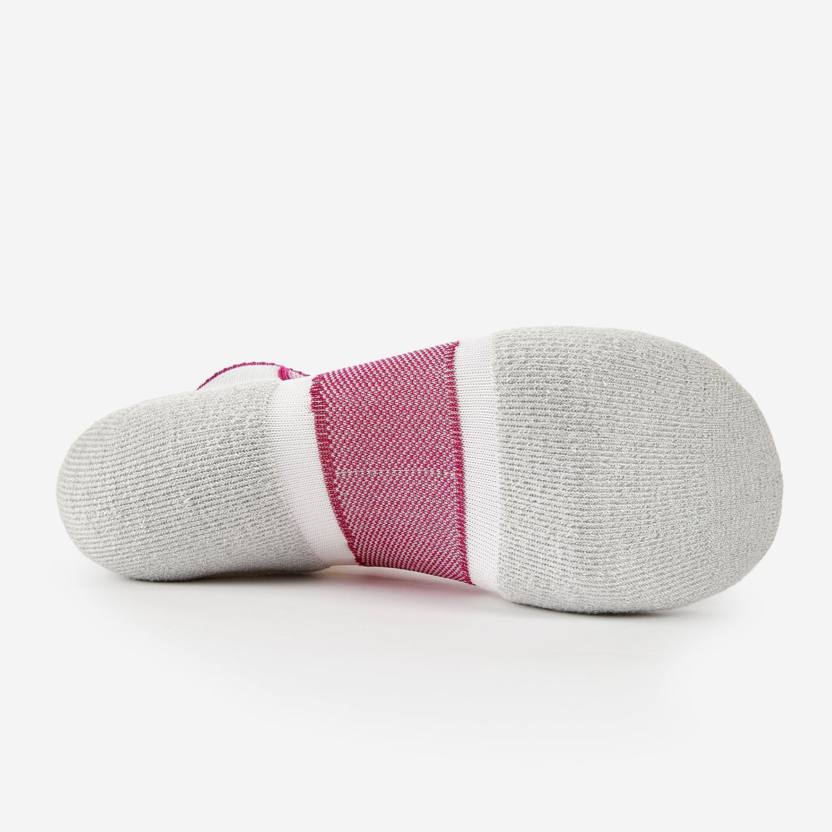 Bottom sole view of Thorlos Experia Energy sock in white gray and pink