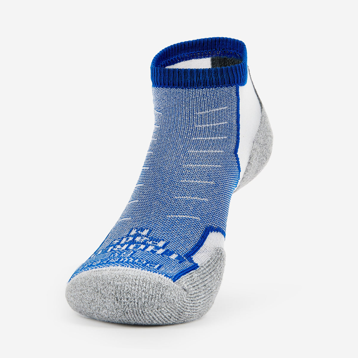 Thorlos Experia Energy low-cut ankle sock in royal blue, white, and gray
