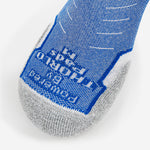 Thorlos Experia Energy sock in blue and gray showing toe box detail with brand text