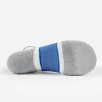 Bottom view of Thorlos Experia Energy Sock showing gray cushioned sole with blue stripe