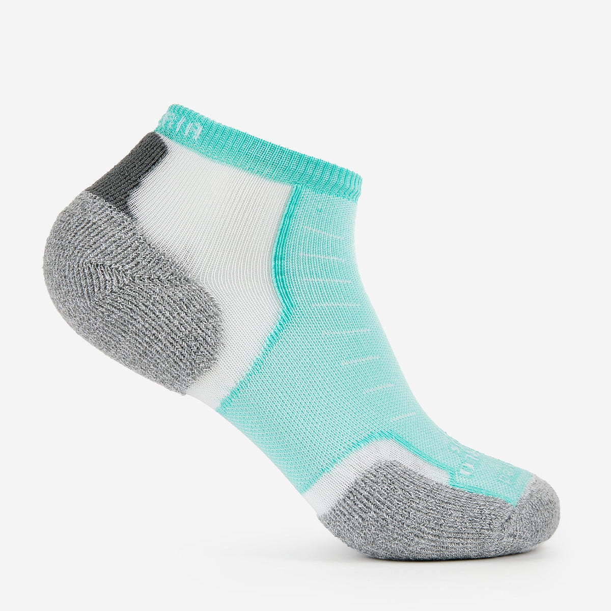 Thorlos Experia Energy low-cut athletic sock in turquoise, white, and gray