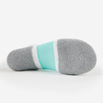 Bottom sole view of gray Thorlos Experia Energy sock with mint and white stripes