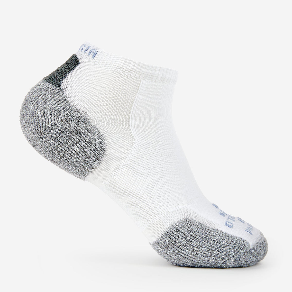 Thorlos Experia Energy low-cut ankle socks in white with gray cushioned heel and toe
