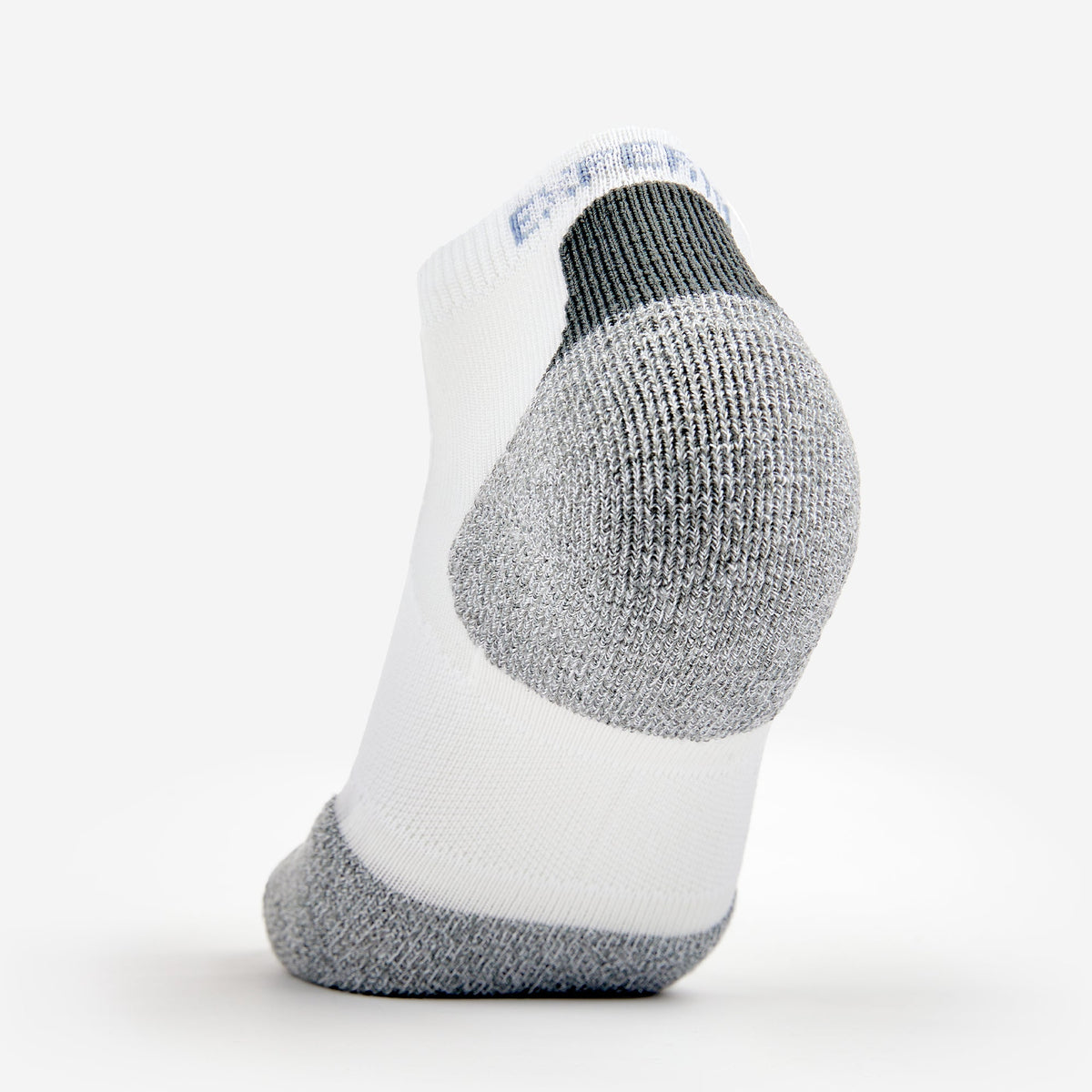 Thorlos Experia Energy low-cut ankle sock in white with grey cushioned heel and toe