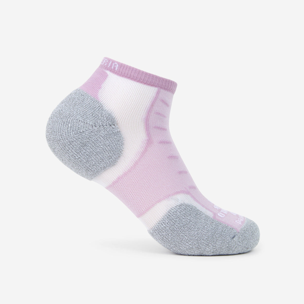 Thorlos Experia Energy low-cut ankle sock in pink and white with gray cushioned heel and toe