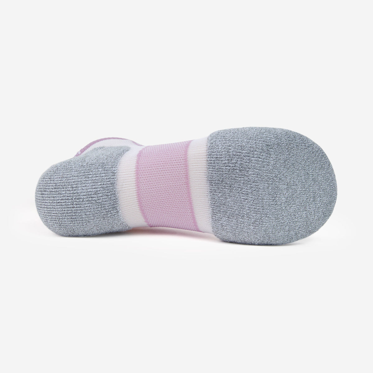 Bottom view of Thorlos Experia Energy sock in gray with pink and white stripes