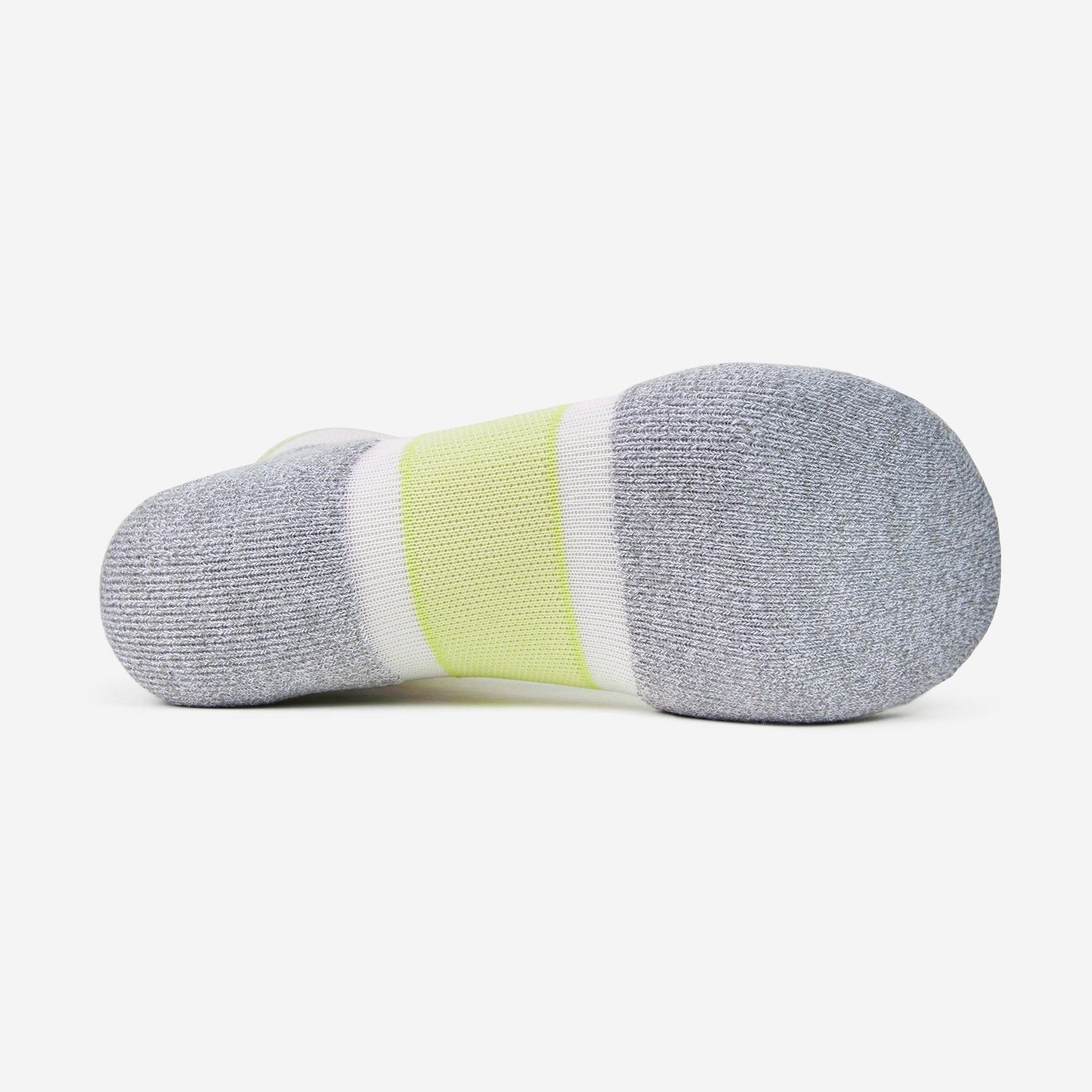 Bottom view of Experia Light Cushion Low-Cut Socks in gray with spearmint stripe detail