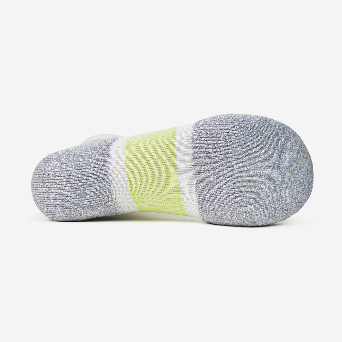 Bottom view of Thorlos Experia Energy sock in gray with neon yellow stripe