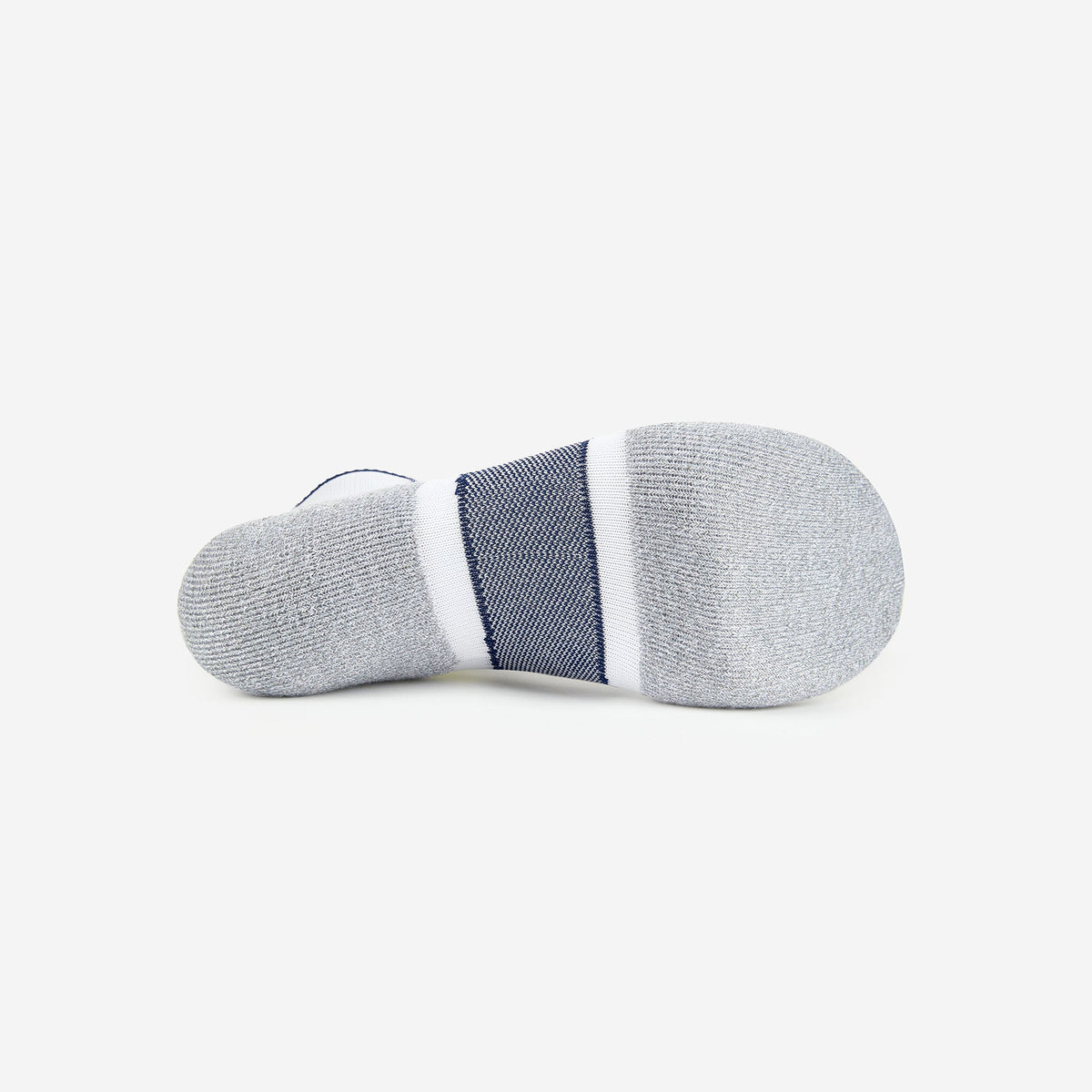 Bottom sole view of Thorlos Experia Energy sock in gray with navy stripe